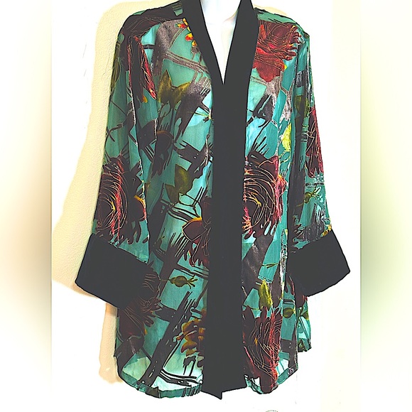 Kimono Jacket With  Black Velvet Trim Sheer Fabric With Velvet Design. 1 Size - Picture 9 of 13